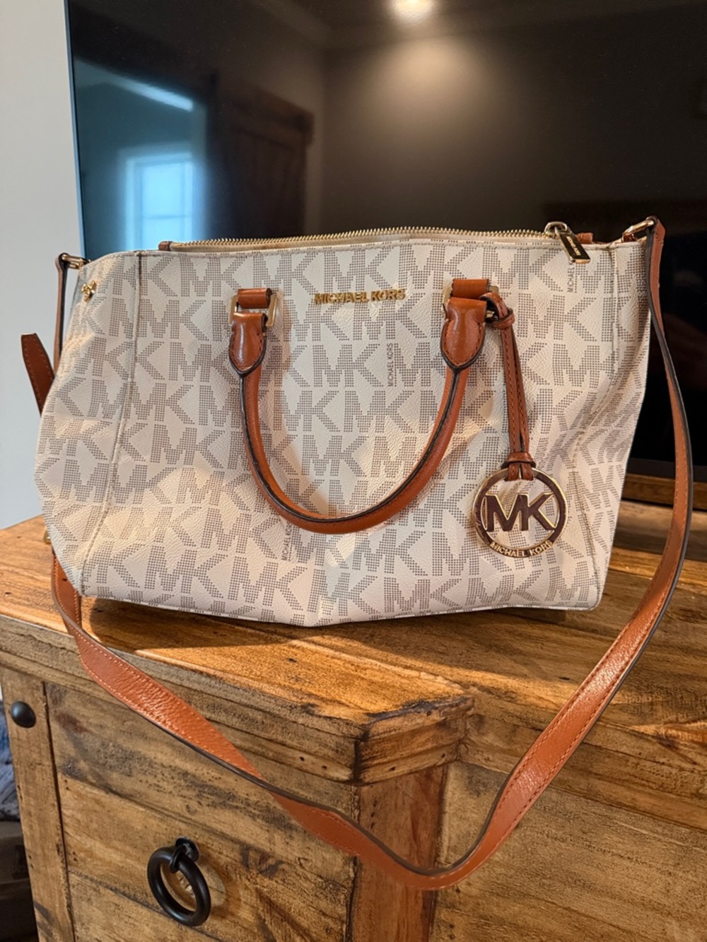 Michael Kors Beige Monogram Satchel with Brown Trim and Gold Hardware